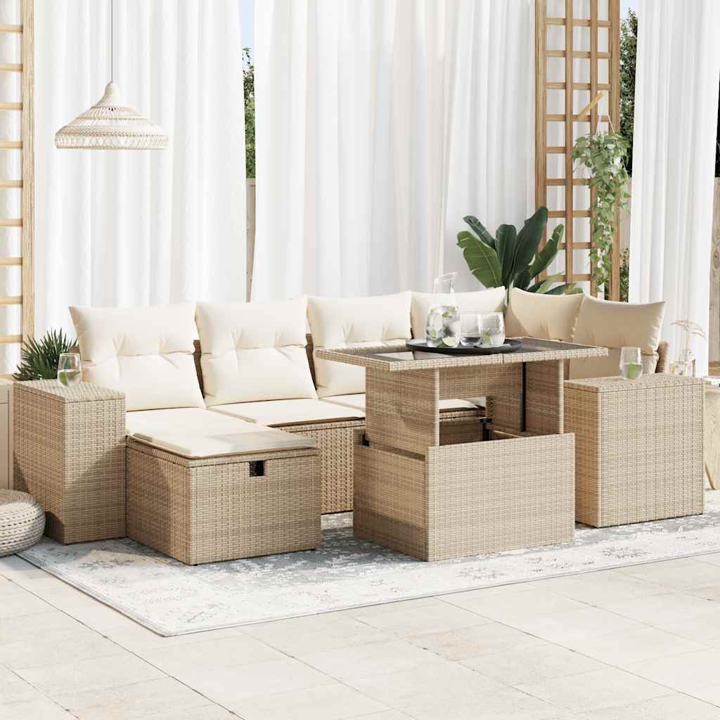 8-delige Loungeset met kussens poly rattan beige – afbeelding 1