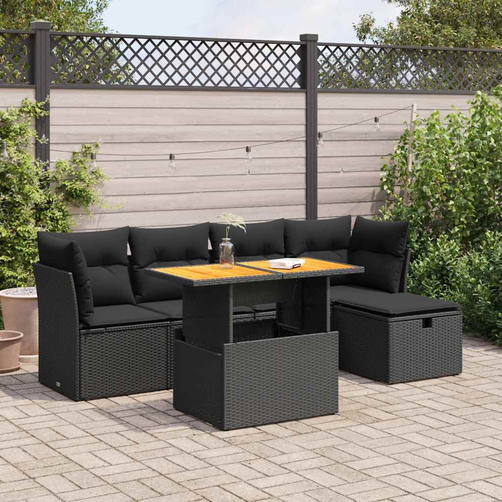 6-delige Loungeset met kussens poly rattan acacia zwart