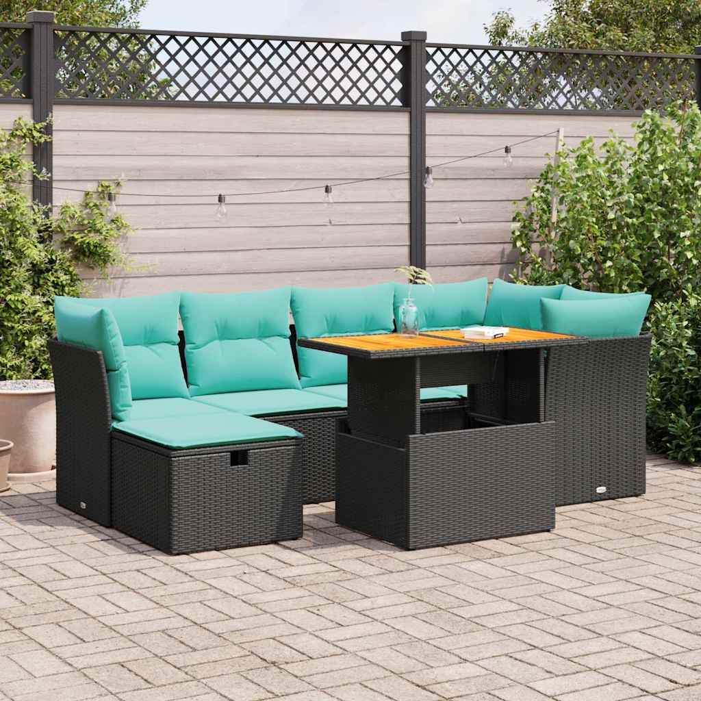 7-delige Loungeset met kussens poly rattan acacia bruin – afbeelding 1