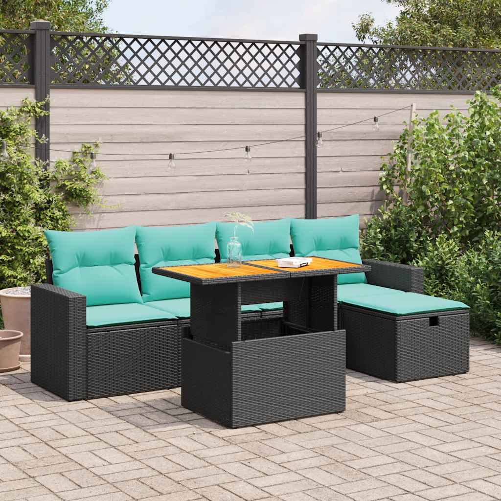 6-delige Loungeset met kussens poly rattan acacia zwart – afbeelding 1