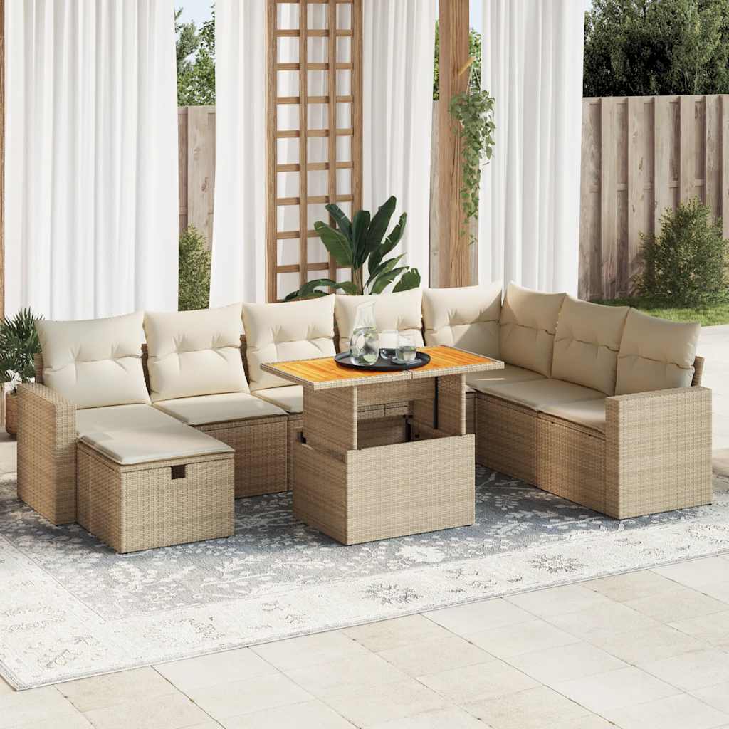 9-delige Loungeset met kussens poly rattan acacia beige – afbeelding 1