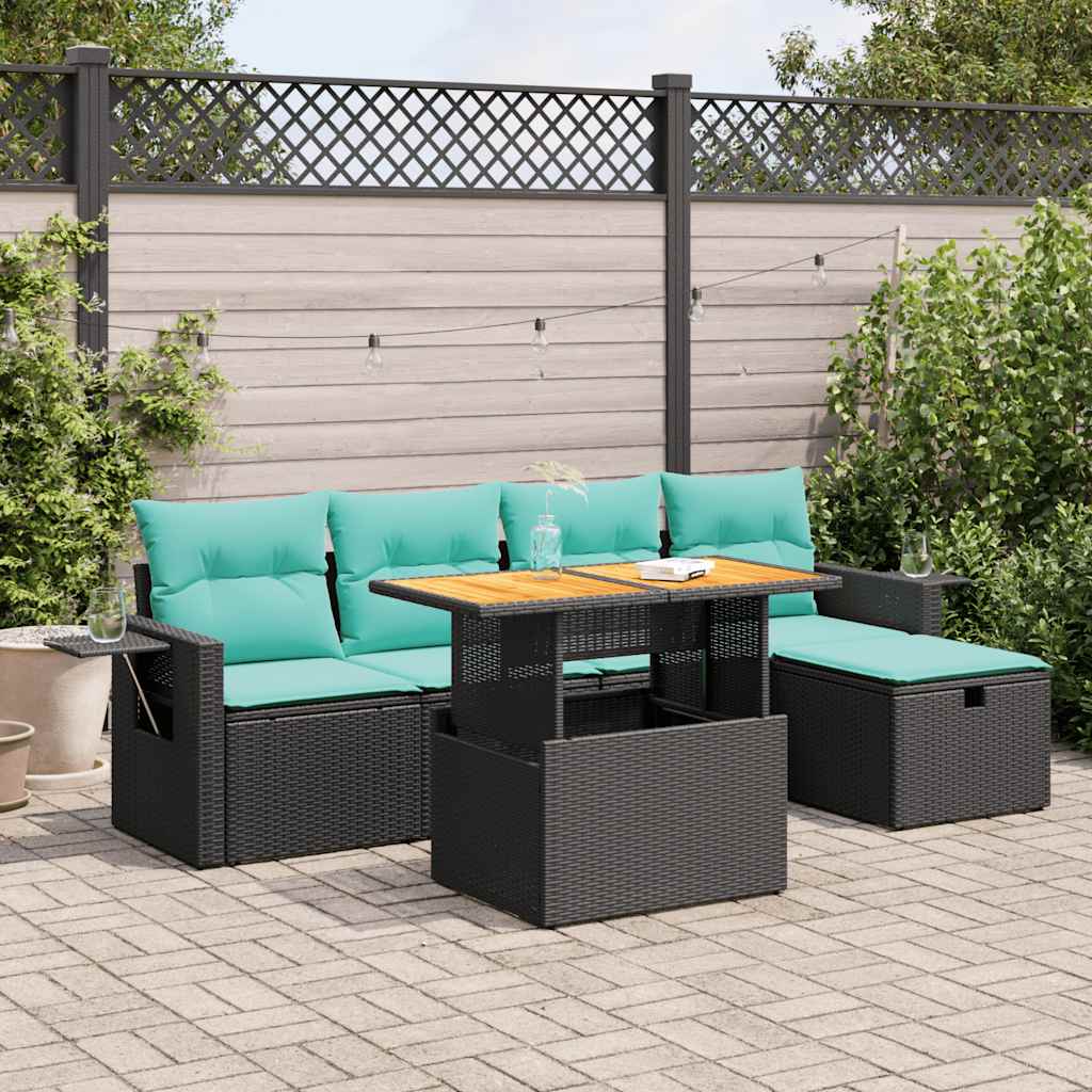 6-delige Loungeset met kussens poly rattan acacia zwart – afbeelding 1