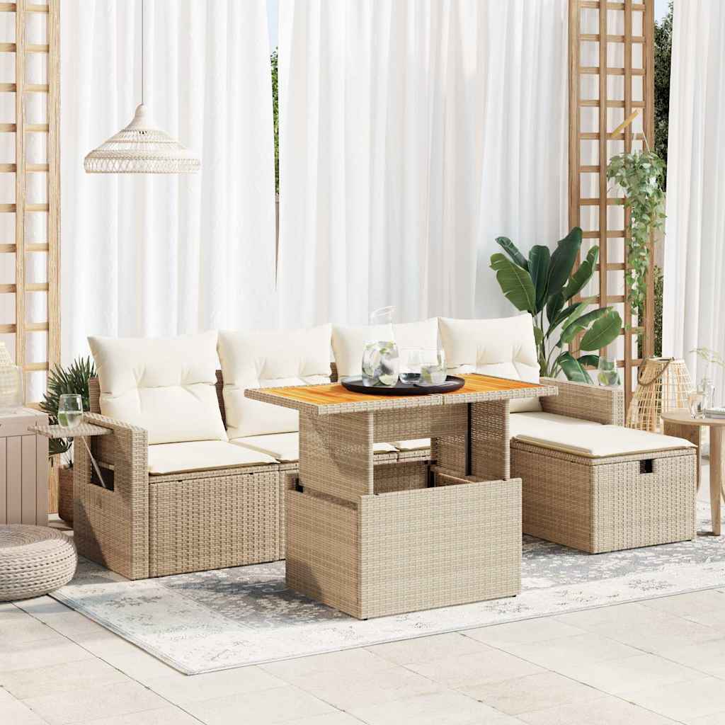 6-delige Loungeset met kussens poly rattan acacia beige – afbeelding 1