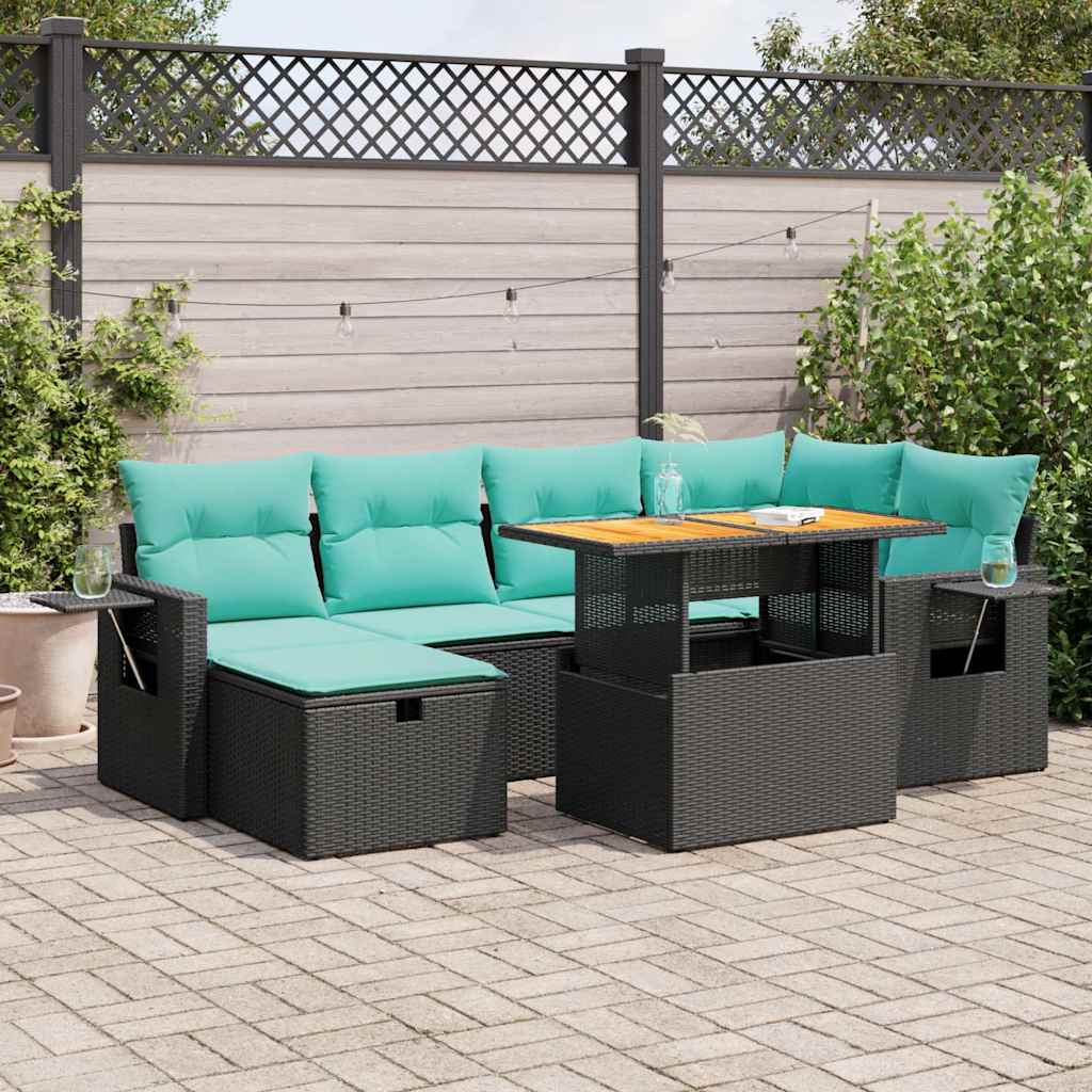 7-delige Loungeset met kussens poly rattan acacia bruin – afbeelding 1