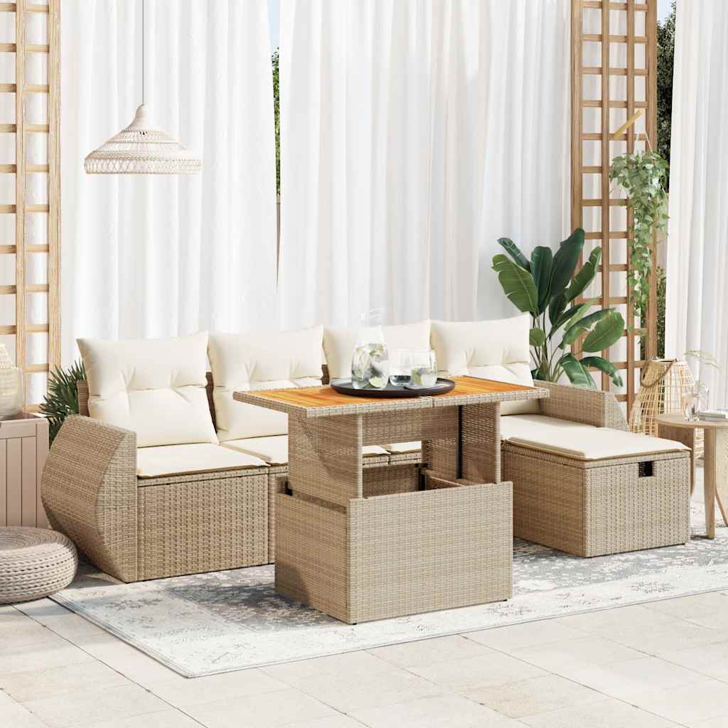 6-delige Loungeset met kussens poly rattan acacia beige – afbeelding 1