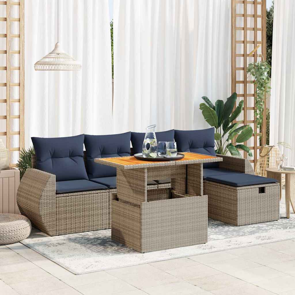 6-delige Loungeset met kussens poly rattan acacia zwart – afbeelding 1