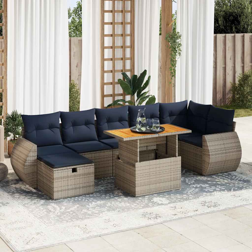 8-delige Loungeset met kussens poly rattan acacia grijs – afbeelding 1