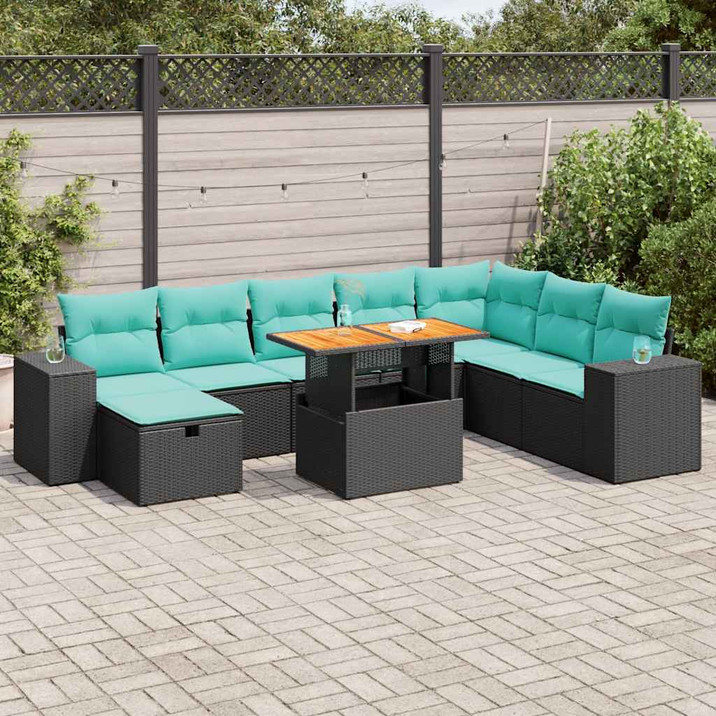9-delige Loungeset met kussens poly rattan acacia zwart – afbeelding 1