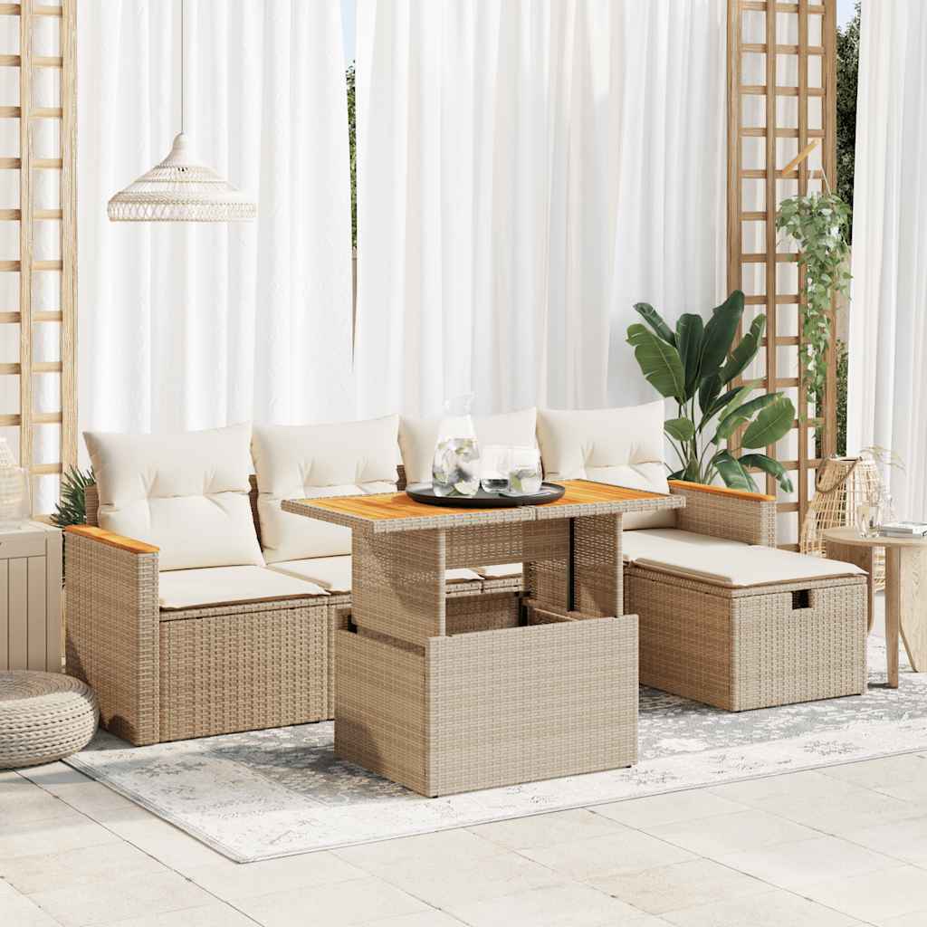 6-delige Loungeset met kussens poly rattan beige – afbeelding 1