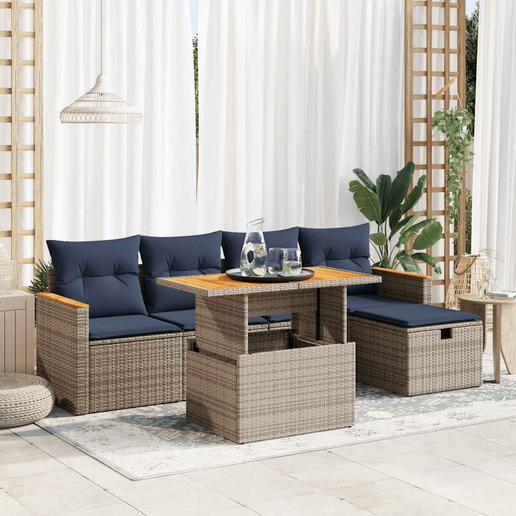 6-delige Loungeset met kussens poly rattan acacia grijs – afbeelding 1