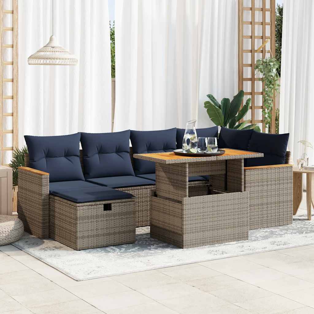 7-delige Loungeset met kussens poly rattan acacia grijs – afbeelding 1