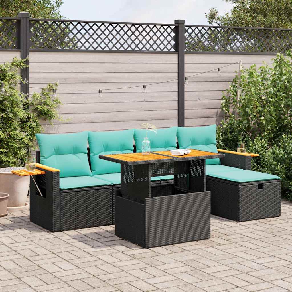 6-delige Loungeset met kussens poly rattan acacia zwart – afbeelding 1