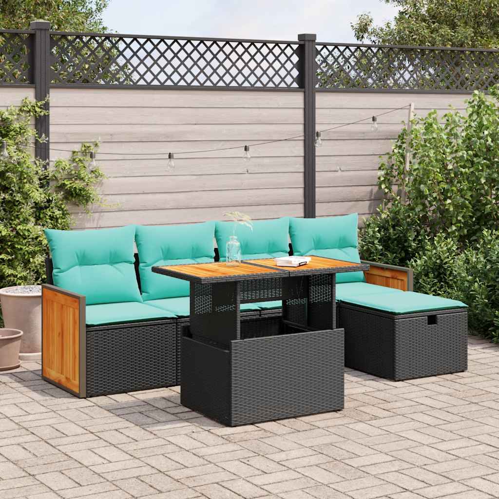 6-delige Loungeset met kussens poly rattan acacia zwart – afbeelding 1