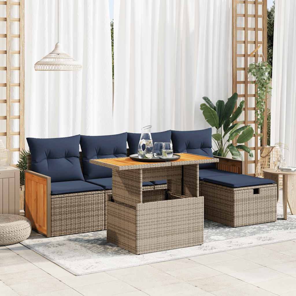 6-delige Loungeset met kussens poly rattan acacia grijs – afbeelding 1