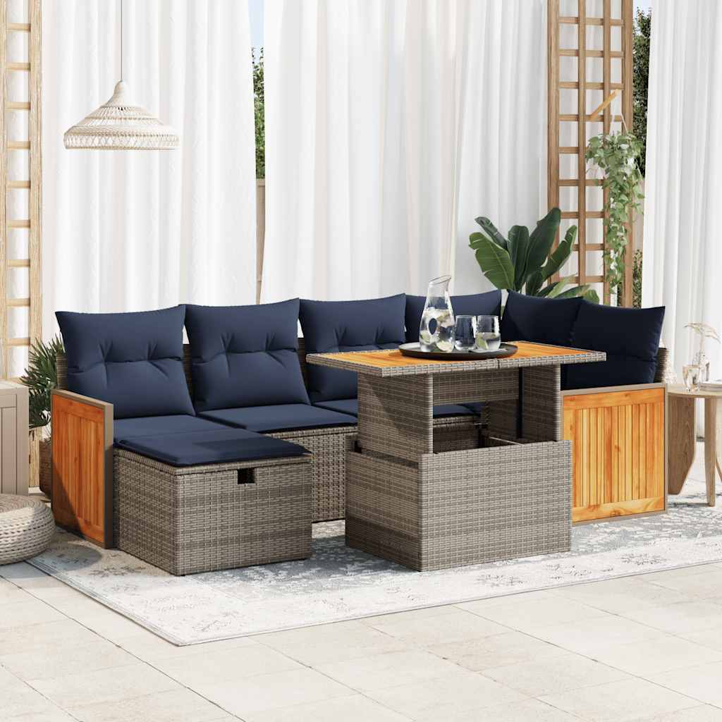 7-delige Loungeset met kussens poly rattan acacia grijs – afbeelding 1