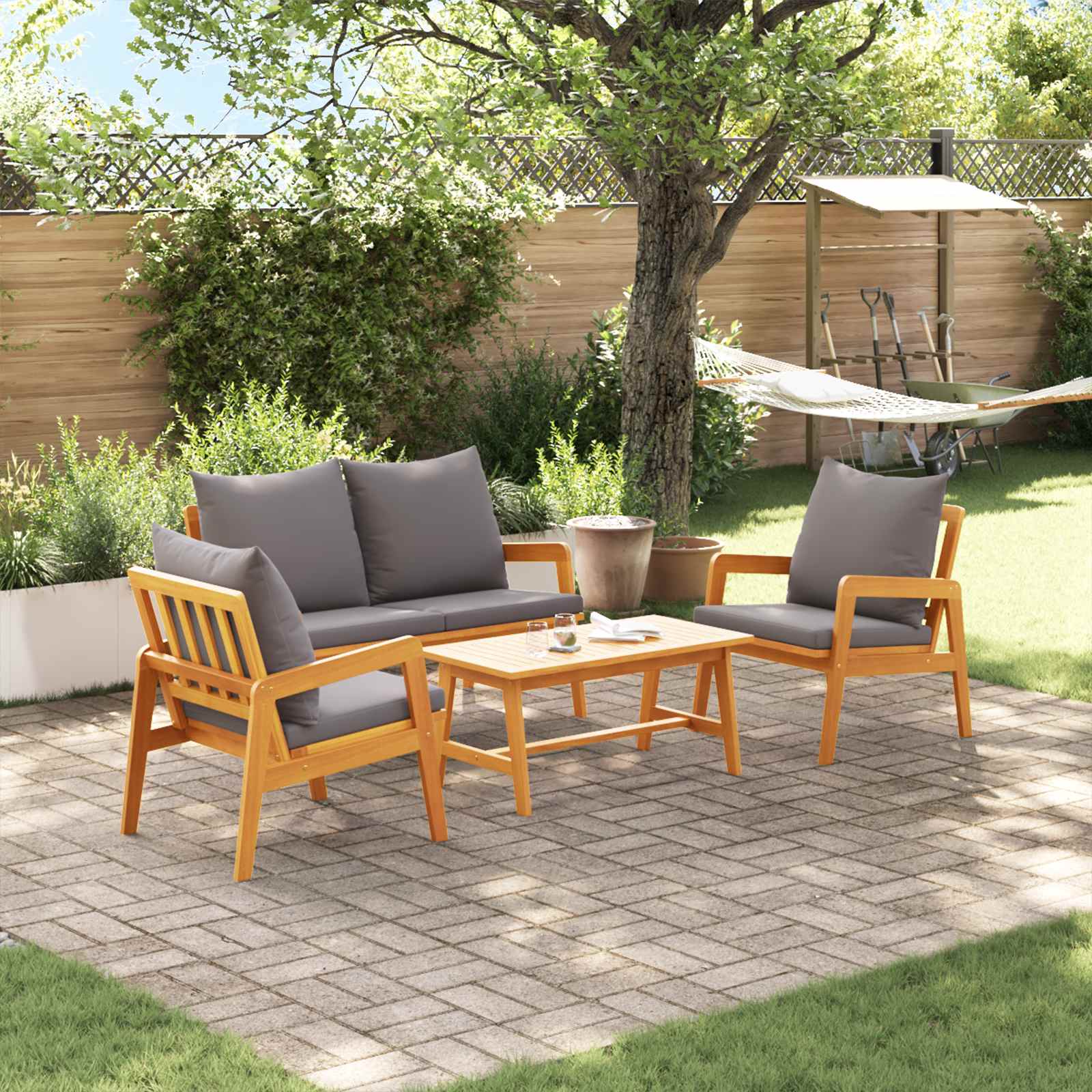 Bistroset met kussen 4 pcs Bruin Massief Acaciahout – afbeelding 1
