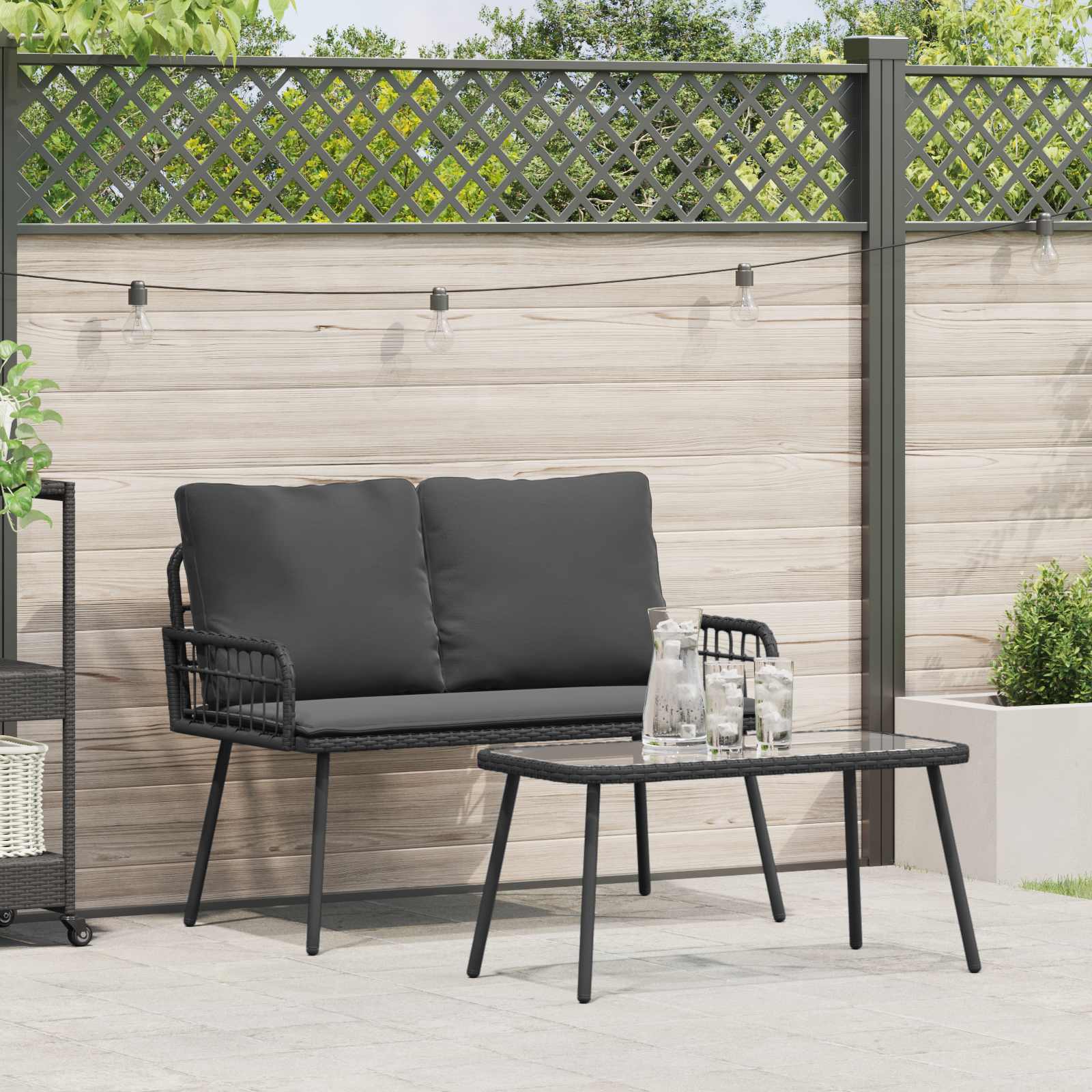 Tuin eettafelset met kussen 2 pcs Zwart poly rattan – afbeelding 1