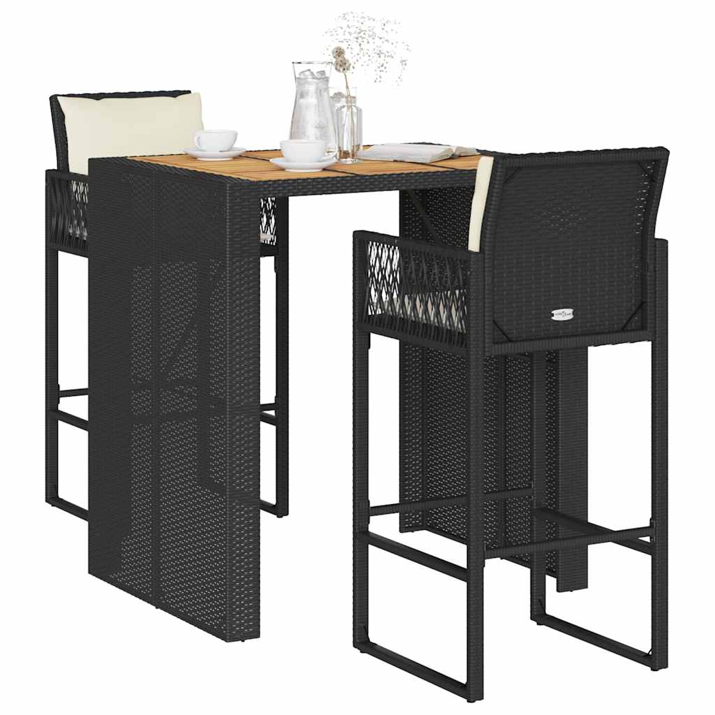 3-delige Tuinbarset met kussens poly rattan acacia zwart – afbeelding 1