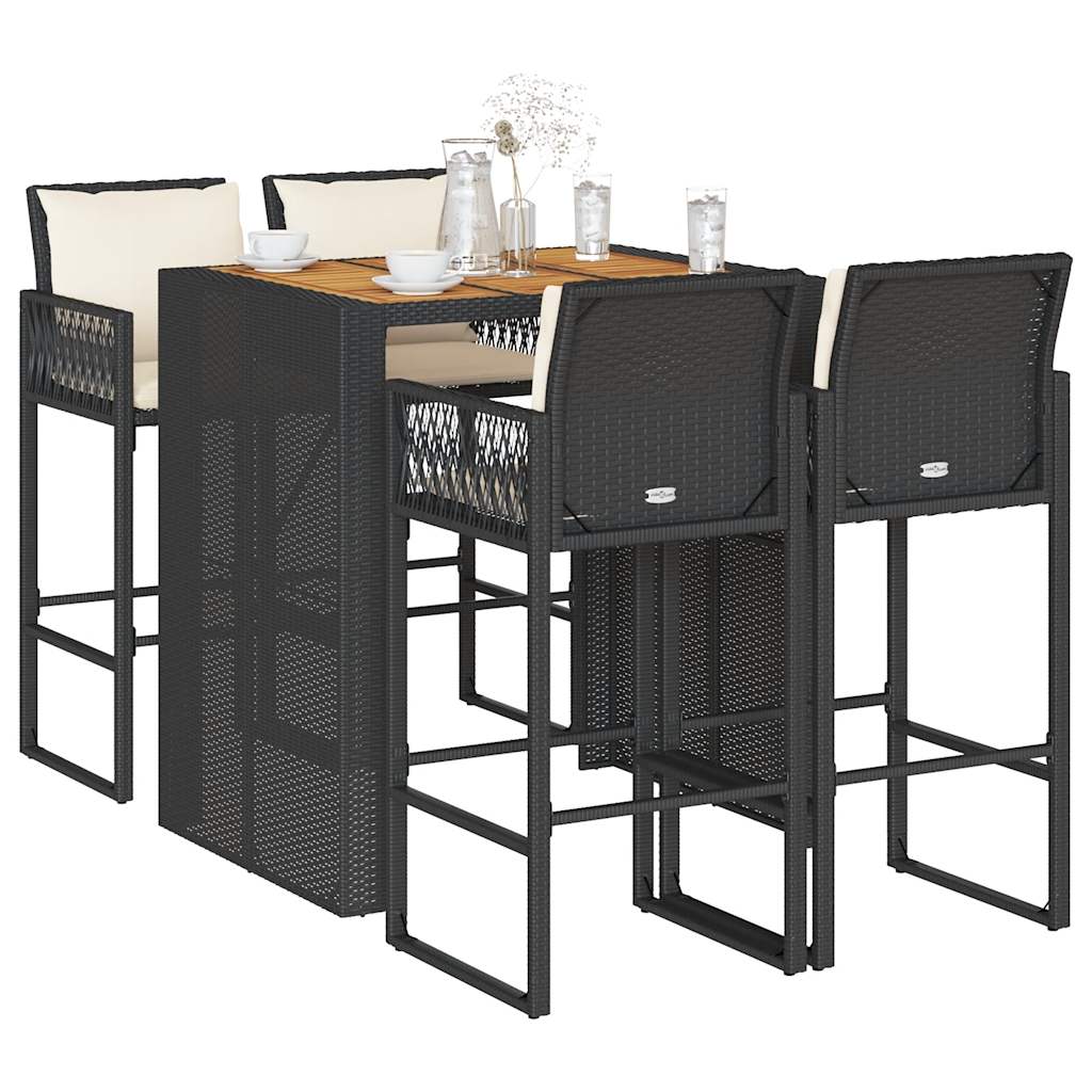 5-delige Tuinbarset met kussens poly rattan acacia zwart – afbeelding 1