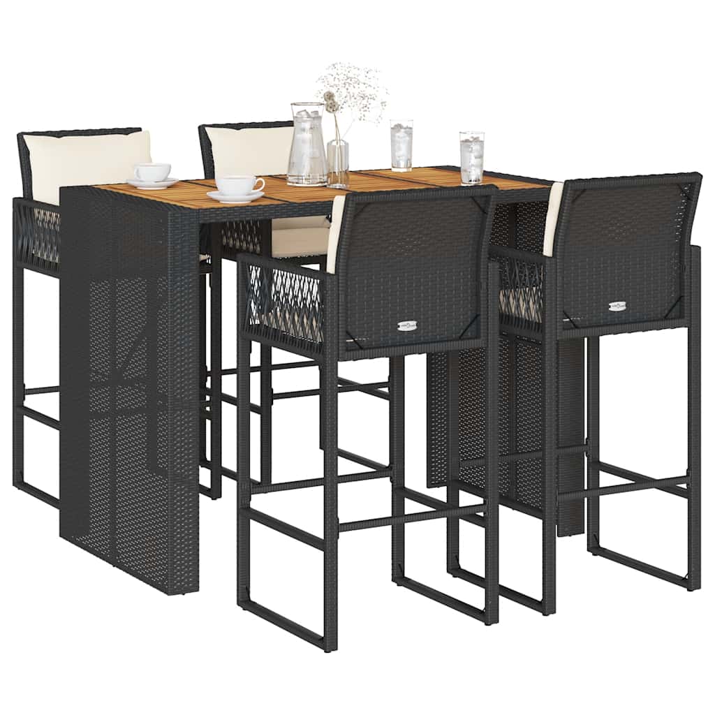 5-delige Tuinbarset met kussens poly rattan acacia zwart – afbeelding 1