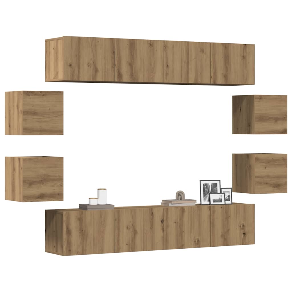 8-delig Tv-meubelset wandmontage bewerkt hout artisanaal eiken – afbeelding 1