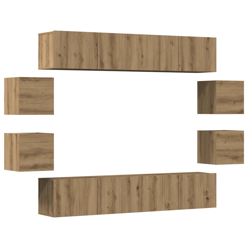 8-delig Tv-meubelset wandmontage bewerkt hout artisanaal eiken – afbeelding 2