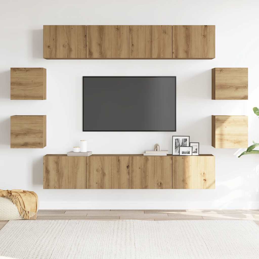 8-delig Tv-meubelset wandmontage bewerkt hout artisanaal eiken – afbeelding 3