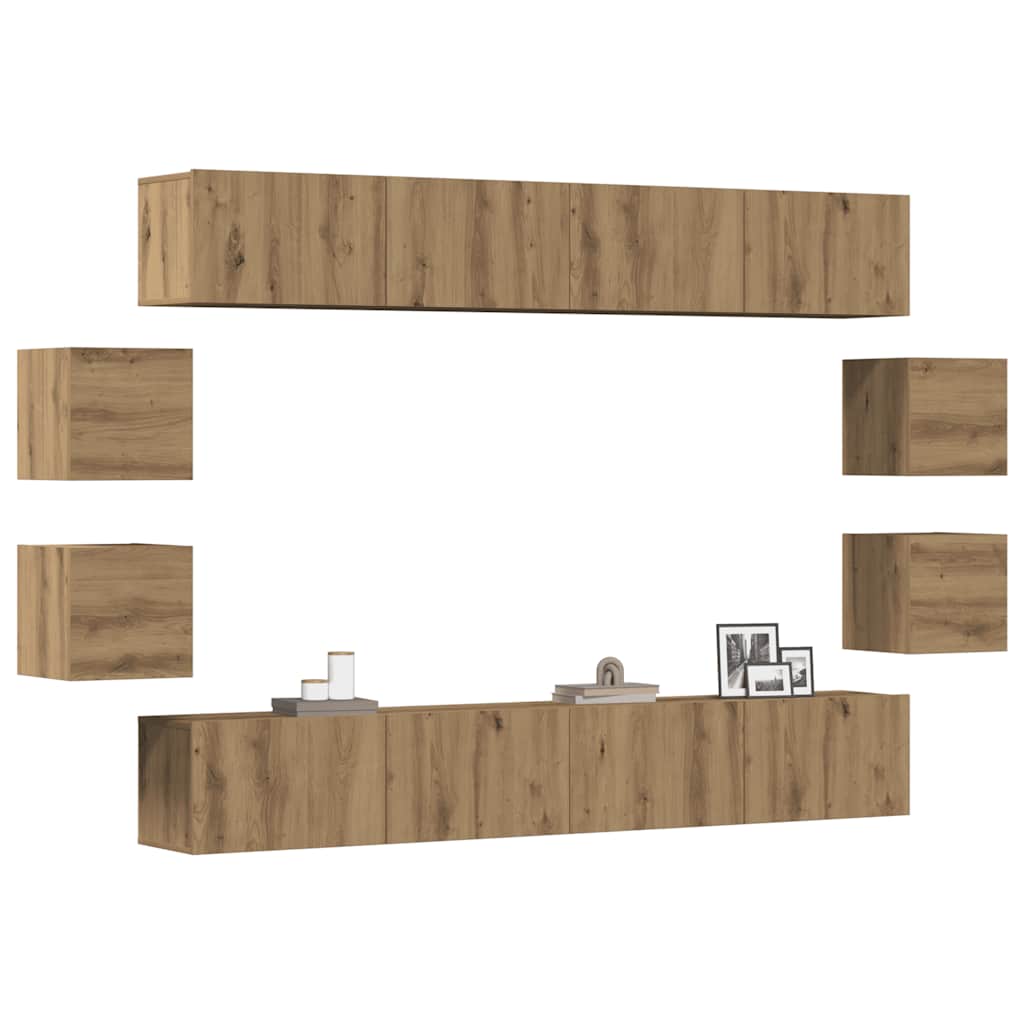 8-delig Tv-meubelset wandmontage bewerkt hout artisanaal eiken – afbeelding 1