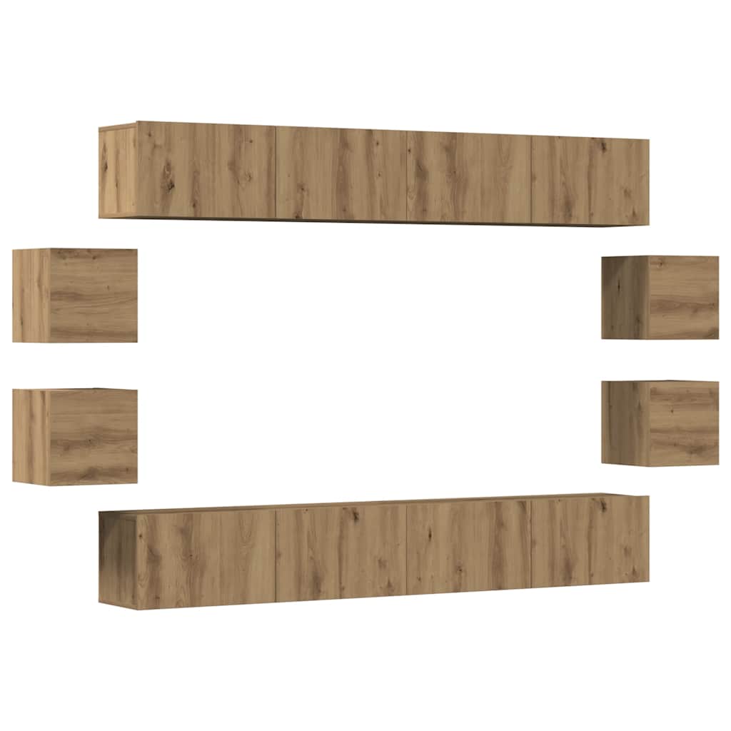 8-delig Tv-meubelset wandmontage bewerkt hout artisanaal eiken – afbeelding 2