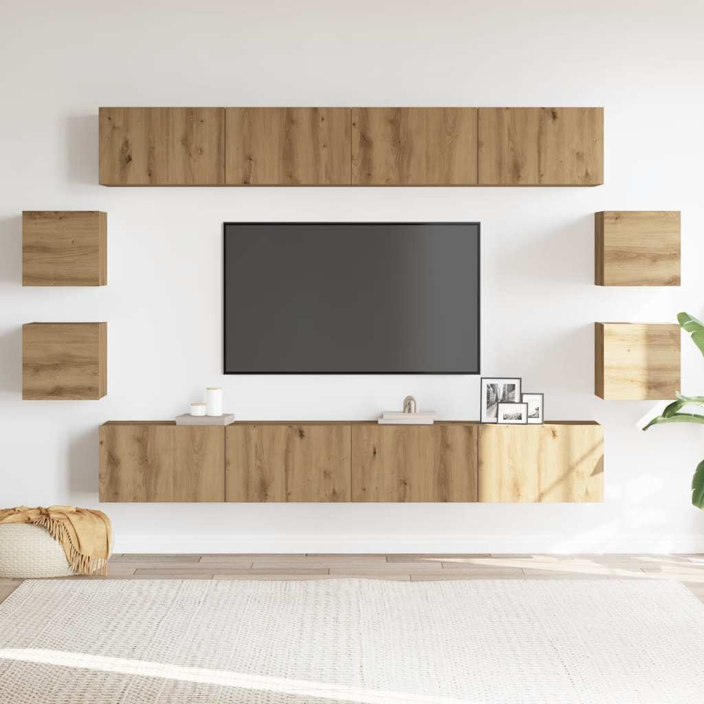8-delig Tv-meubelset wandmontage bewerkt hout artisanaal eiken – afbeelding 3