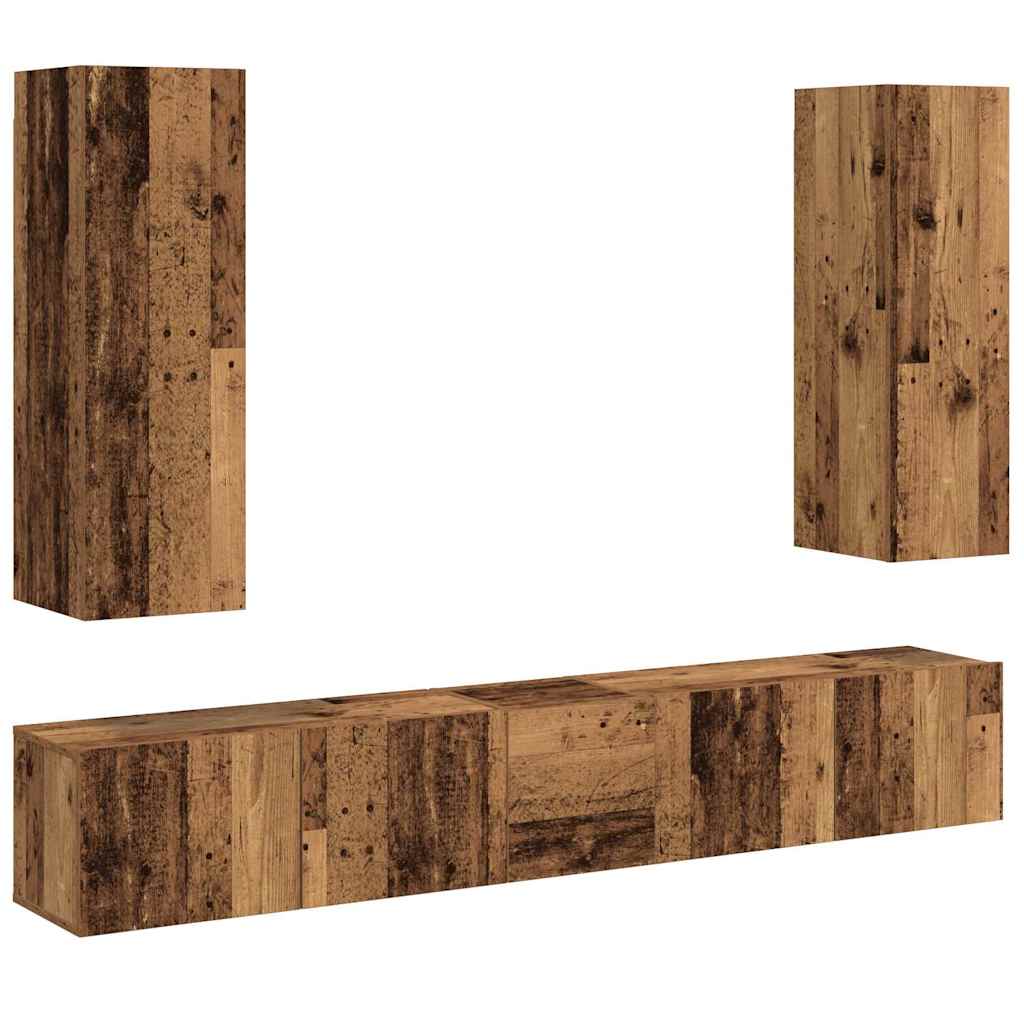 Tv-wandkasten 5 st bewerkt hout oud houtkleurig