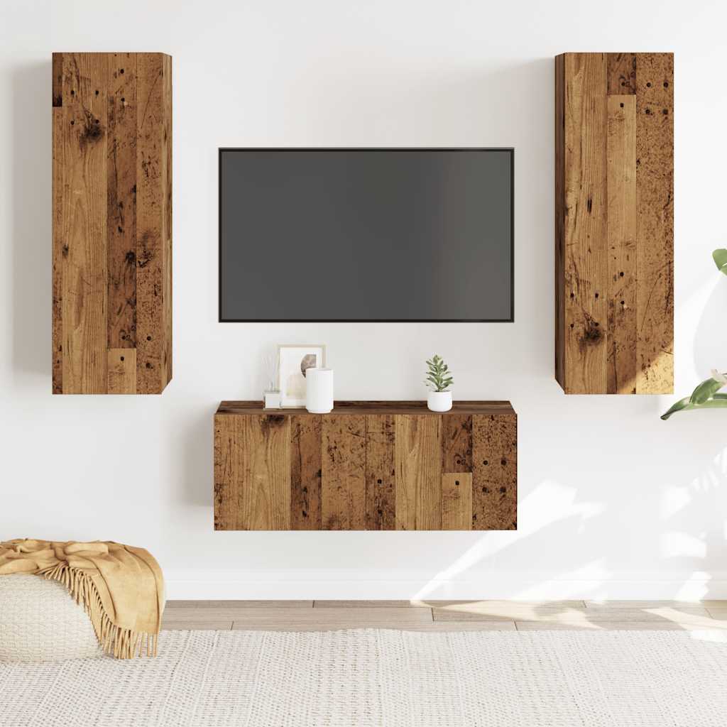 Tv-wandkasten 3 st bewerkt hout oud houtkleurig – afbeelding 1