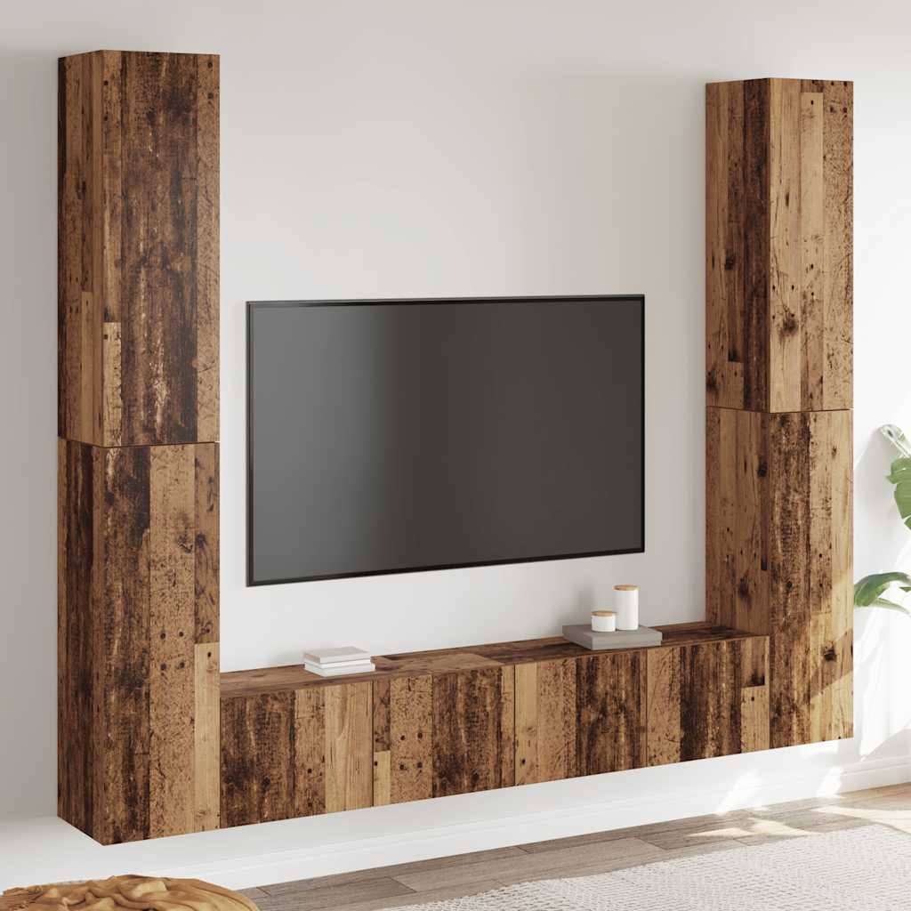 Tv-wandkasten 6 st bewerkt hout oud houtkleurig