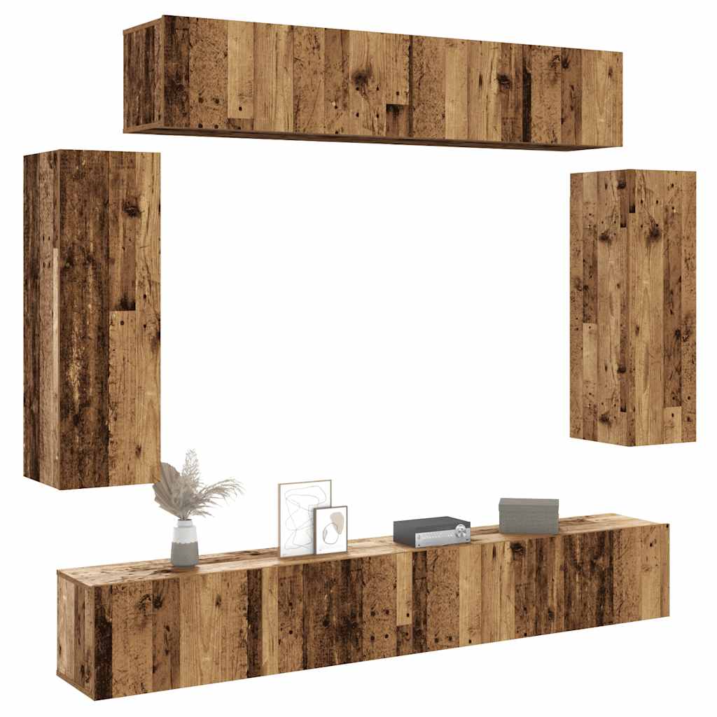 6-delig Tv-meubelset wandmontage bewerkt hout oud houtkleurig – afbeelding 1