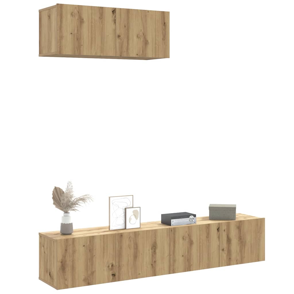 3-delig Tv-meubelset wandmontage bewerkt hout artisanaal eiken – afbeelding 1
