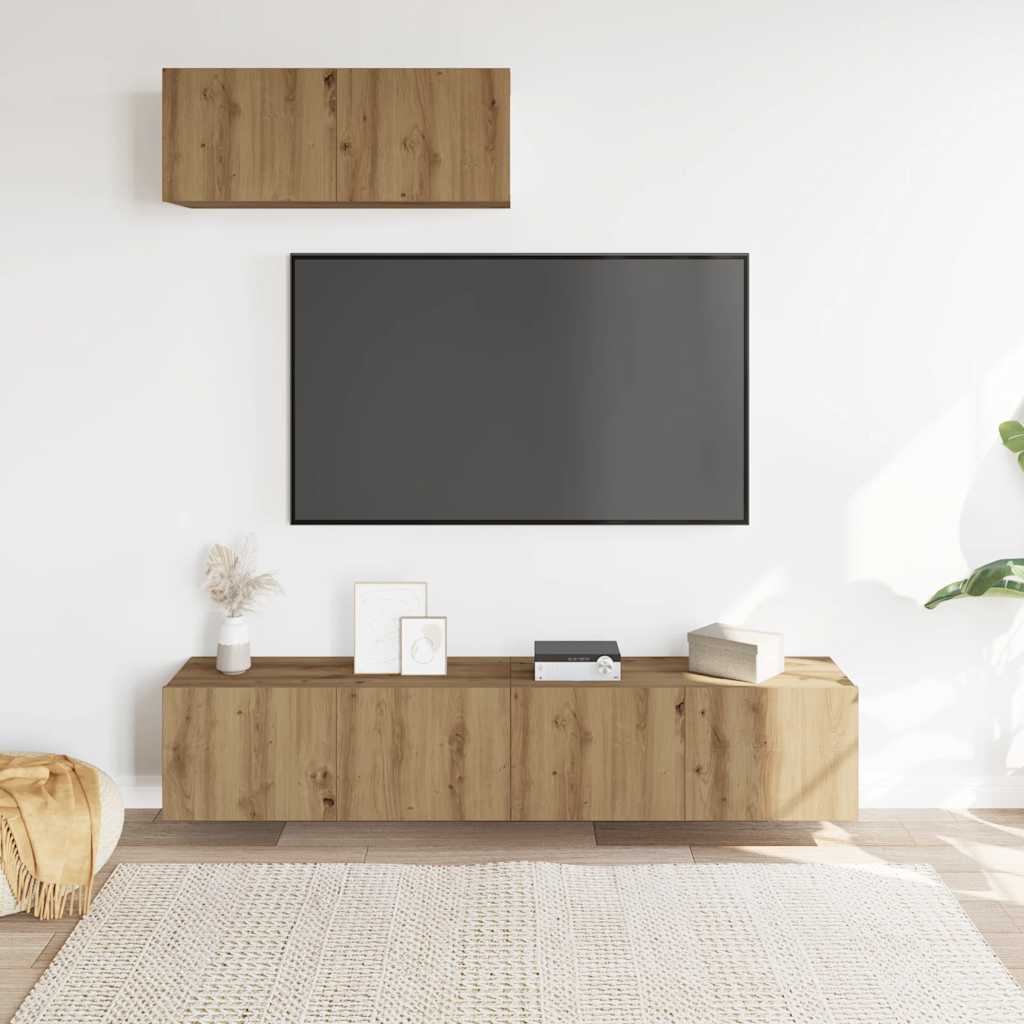 3-delig Tv-meubelset wandmontage bewerkt hout artisanaal eiken – afbeelding 3