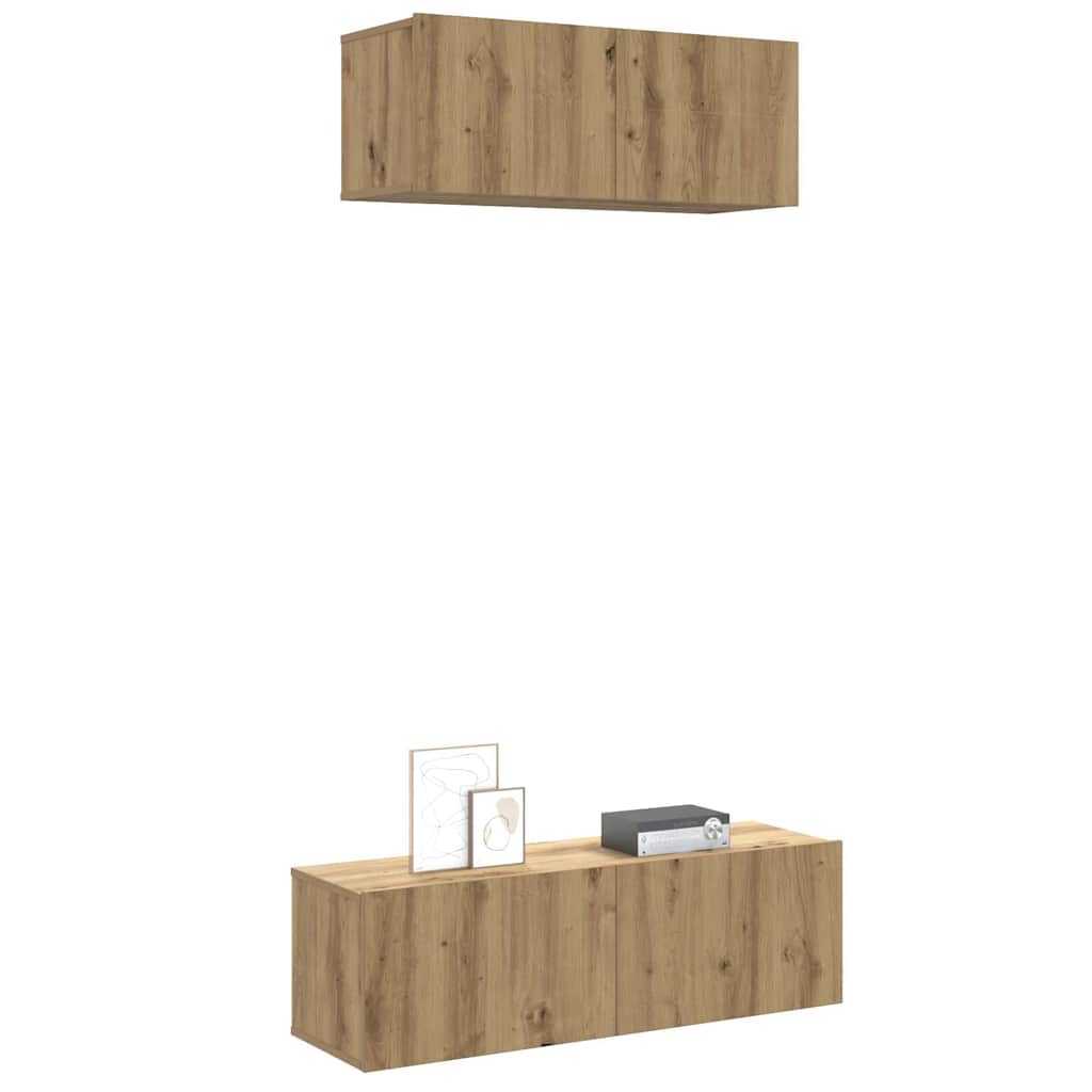 2-delig Tv-meubelset wandmontage bewerkt hout artisanaal eiken – afbeelding 1