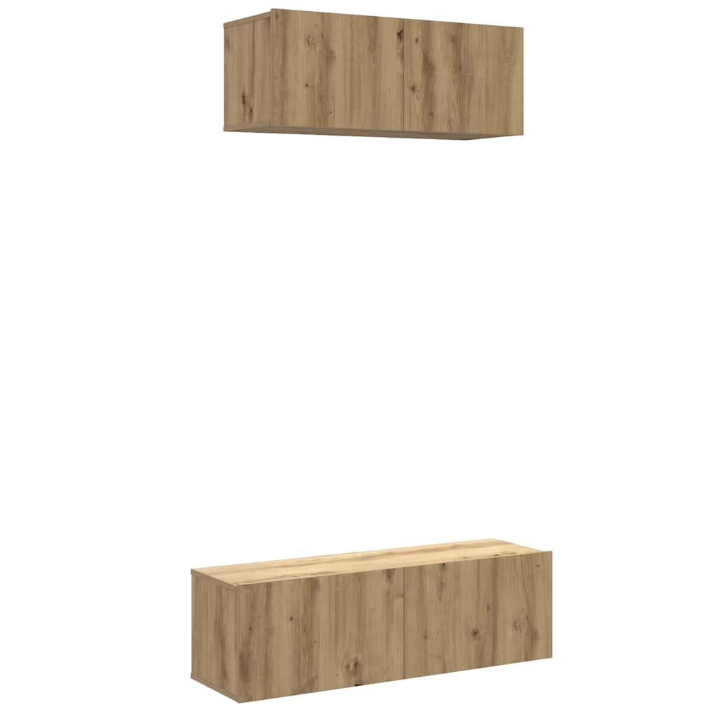 2-delig Tv-meubelset wandmontage bewerkt hout artisanaal eiken – afbeelding 2