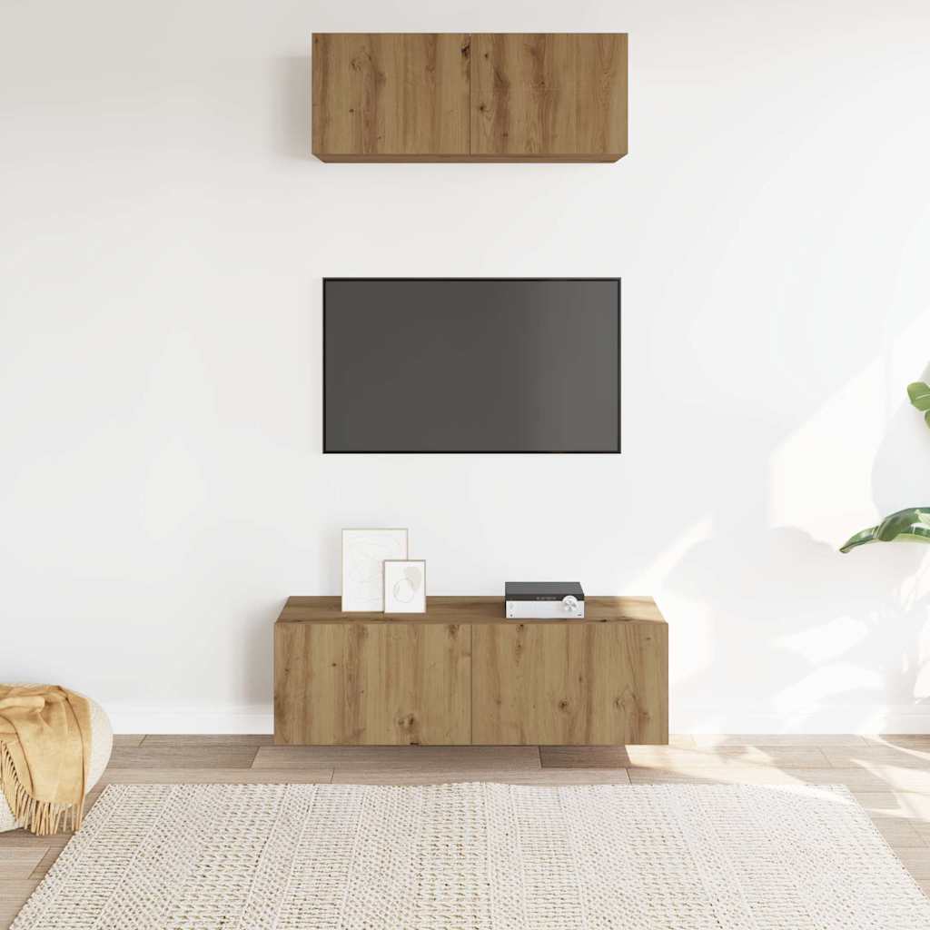 2-delig Tv-meubelset wandmontage bewerkt hout artisanaal eiken – afbeelding 3