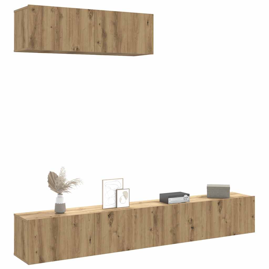 Tv-wandkasten 3 st 100x30x30 cm bewerkt hout artisanaal eiken – afbeelding 1