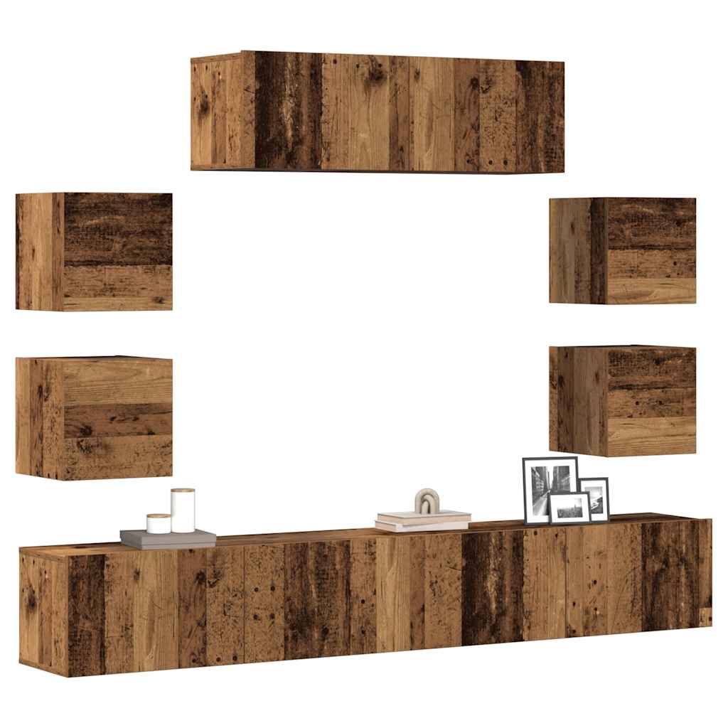 7-delig Tv-meubelset wandmontage bewerkt hout oud houtkleurig – afbeelding 1
