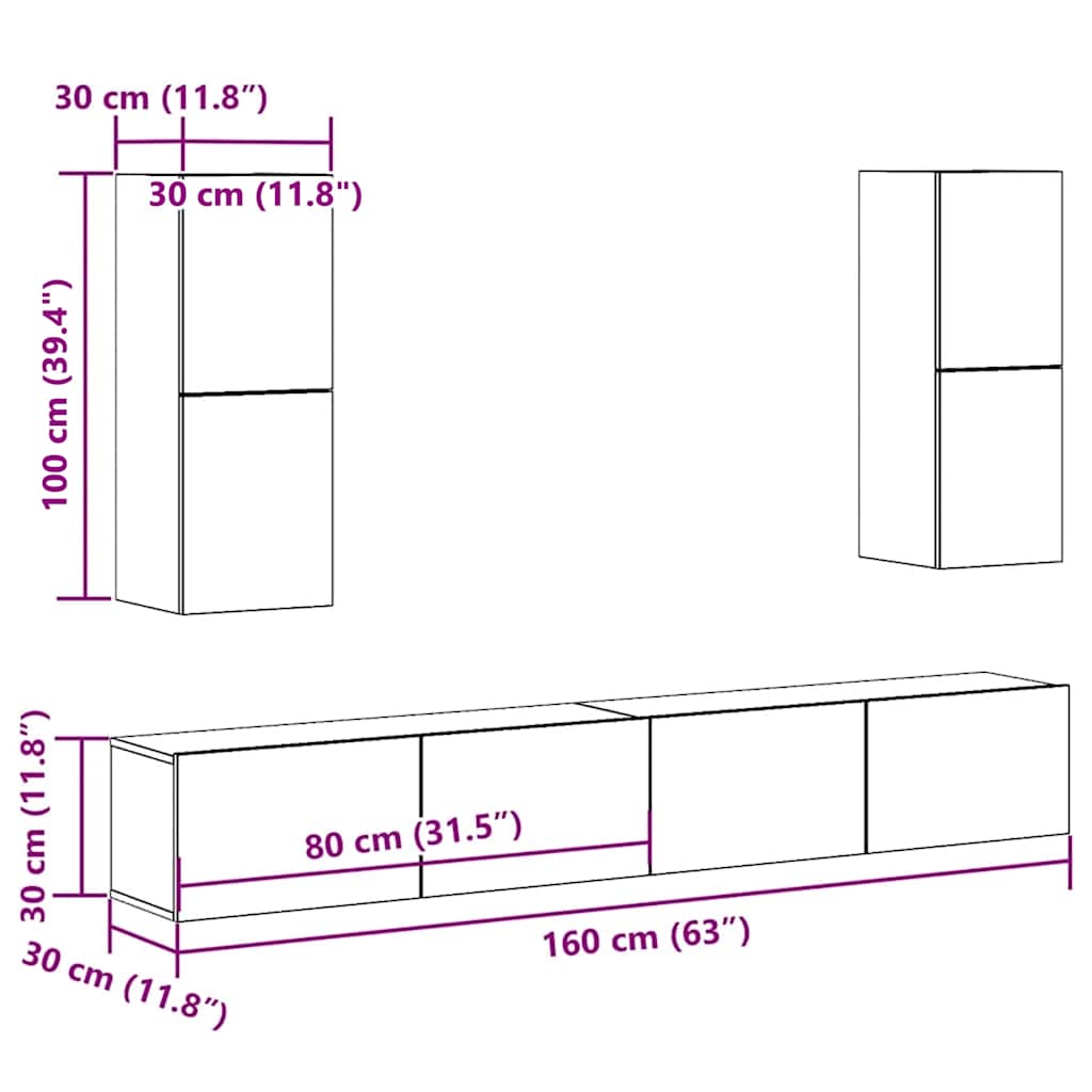4-delig Tv-meubelset wandmontage bewerkt hout oud houtkleurig – afbeelding 9