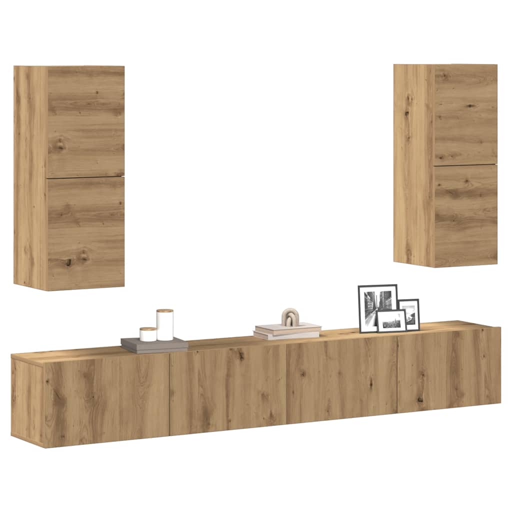 4-delig Tv-meubelset wandmontage bewerkt hout artisanaal eiken – afbeelding 1