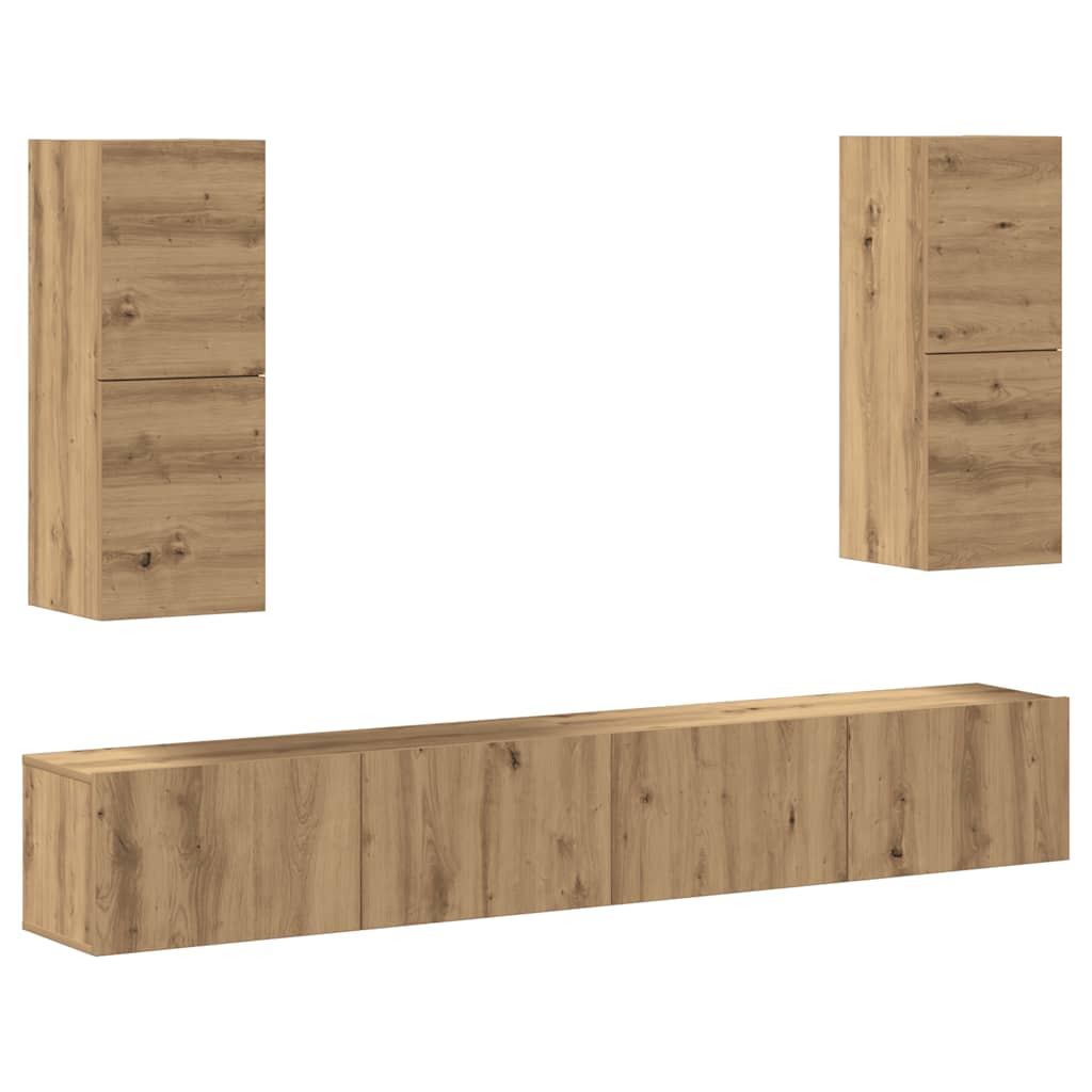 4-delig Tv-meubelset wandmontage bewerkt hout artisanaal eiken – afbeelding 2