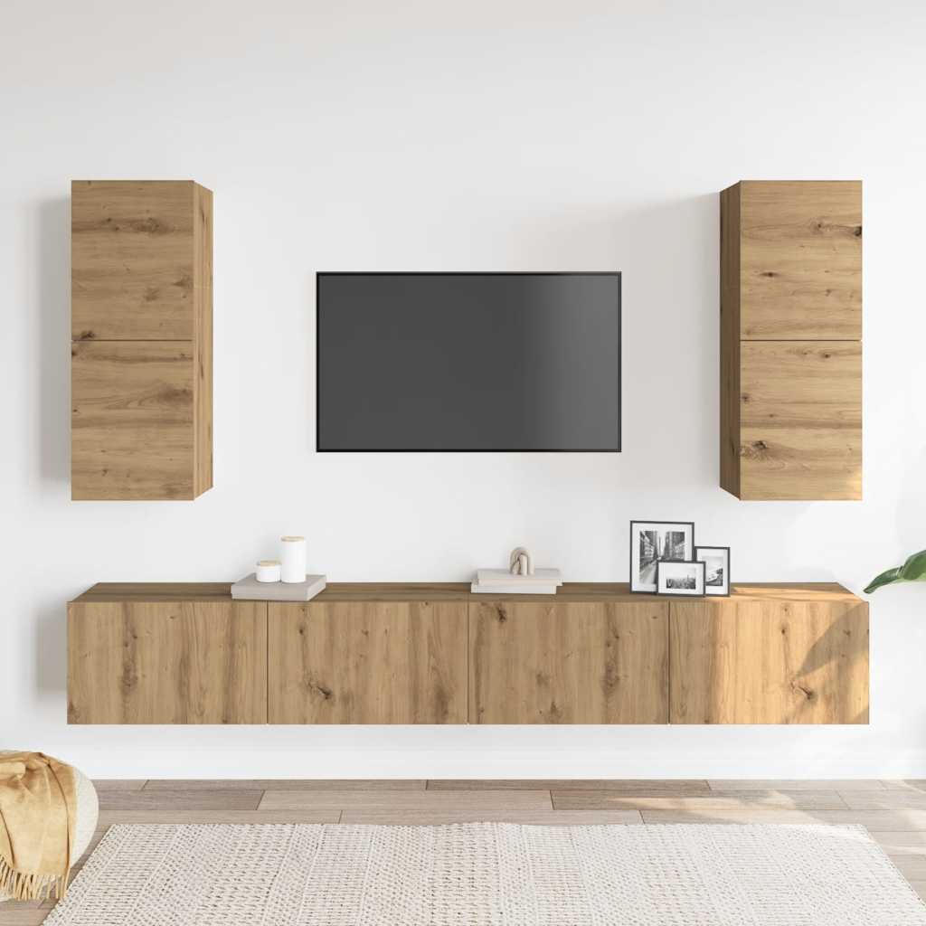 4-delig Tv-meubelset wandmontage bewerkt hout artisanaal eiken – afbeelding 3