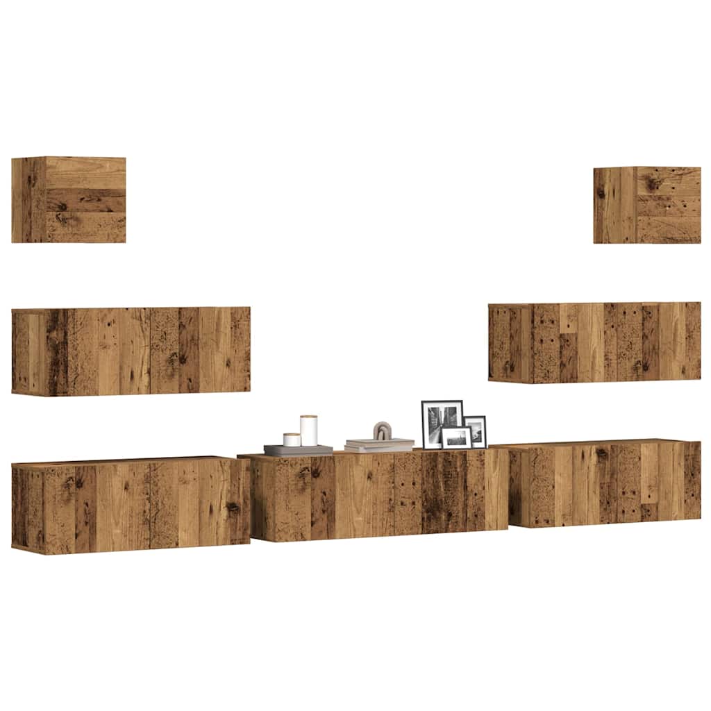 7-delig Tv-meubelset wandmontage bewerkt hout oud houtkleurig – afbeelding 1