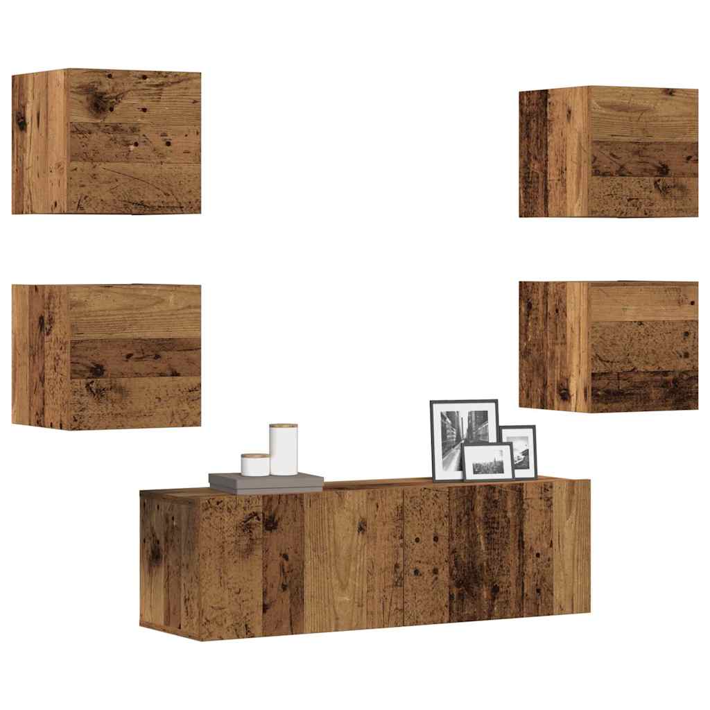 5-delig Tv-meubelset wandmontage bewerkt hout oud houtkleurig – afbeelding 1