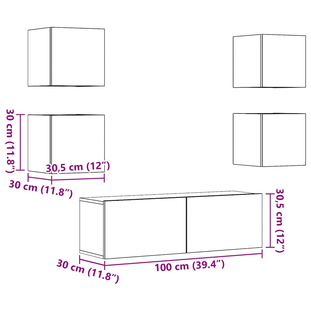 5-delig Tv-meubelset wandmontage bewerkt hout oud houtkleurig – afbeelding 9