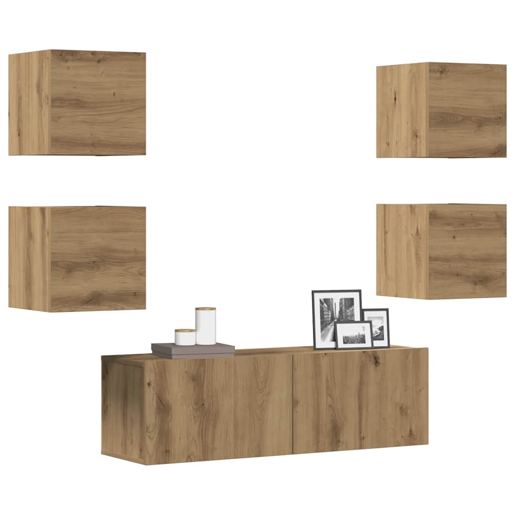 5-delig Tv-meubelset wandmontage bewerkt hout artisanaal eiken – afbeelding 1