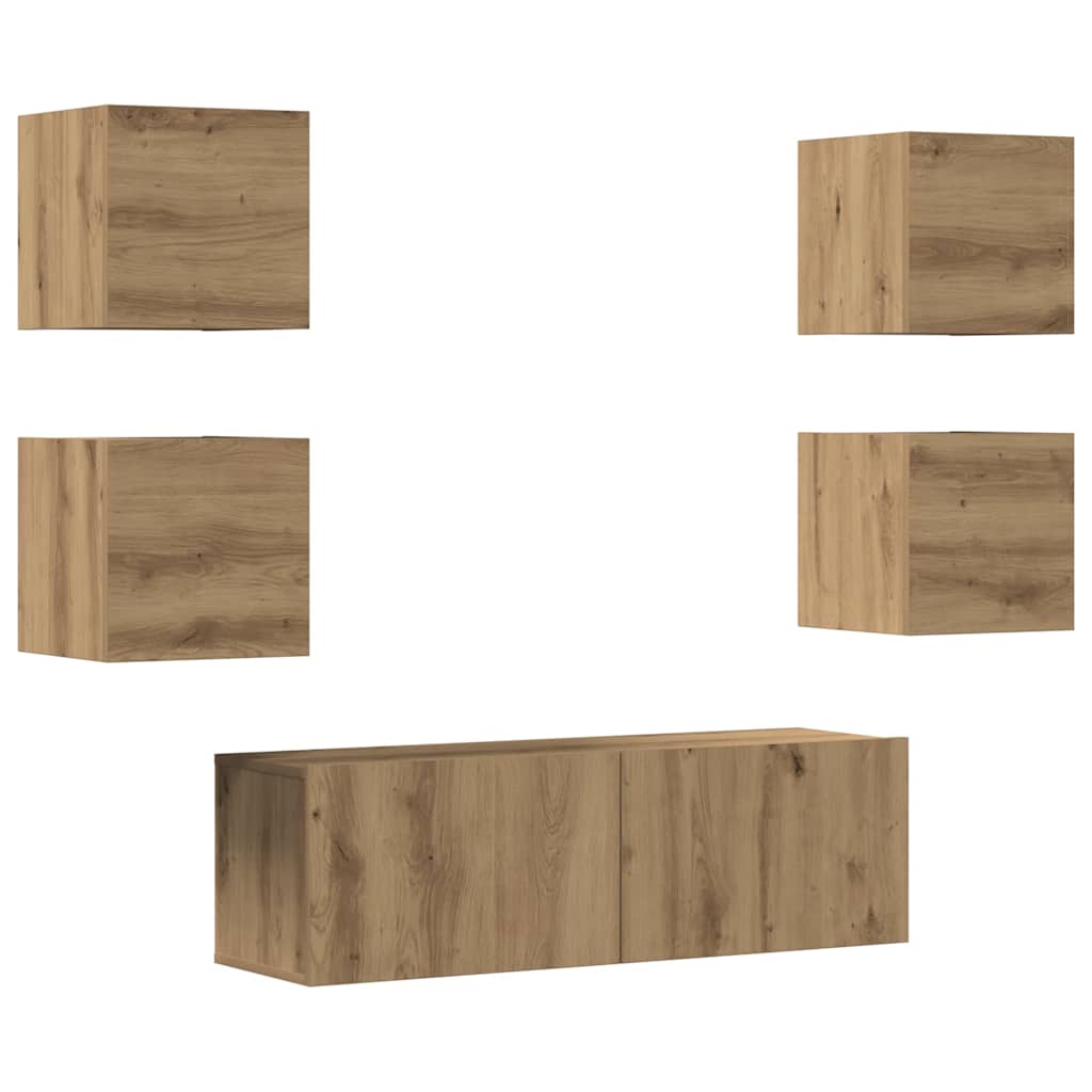 5-delig Tv-meubelset wandmontage bewerkt hout artisanaal eiken – afbeelding 2